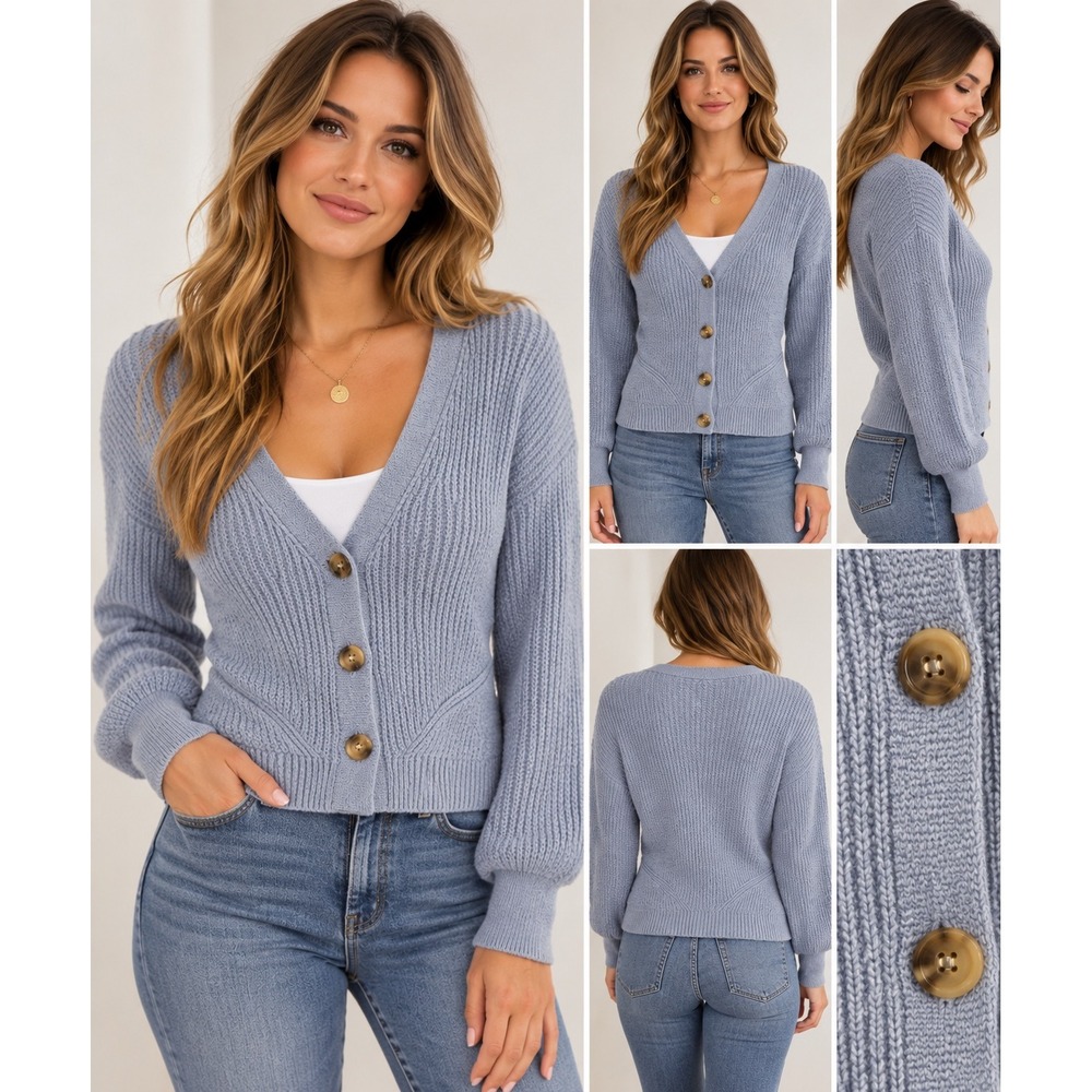 Joie Blue Ribbed Knit V-Neck Button Front Balloon Sleeve Cardigan Sweater Large